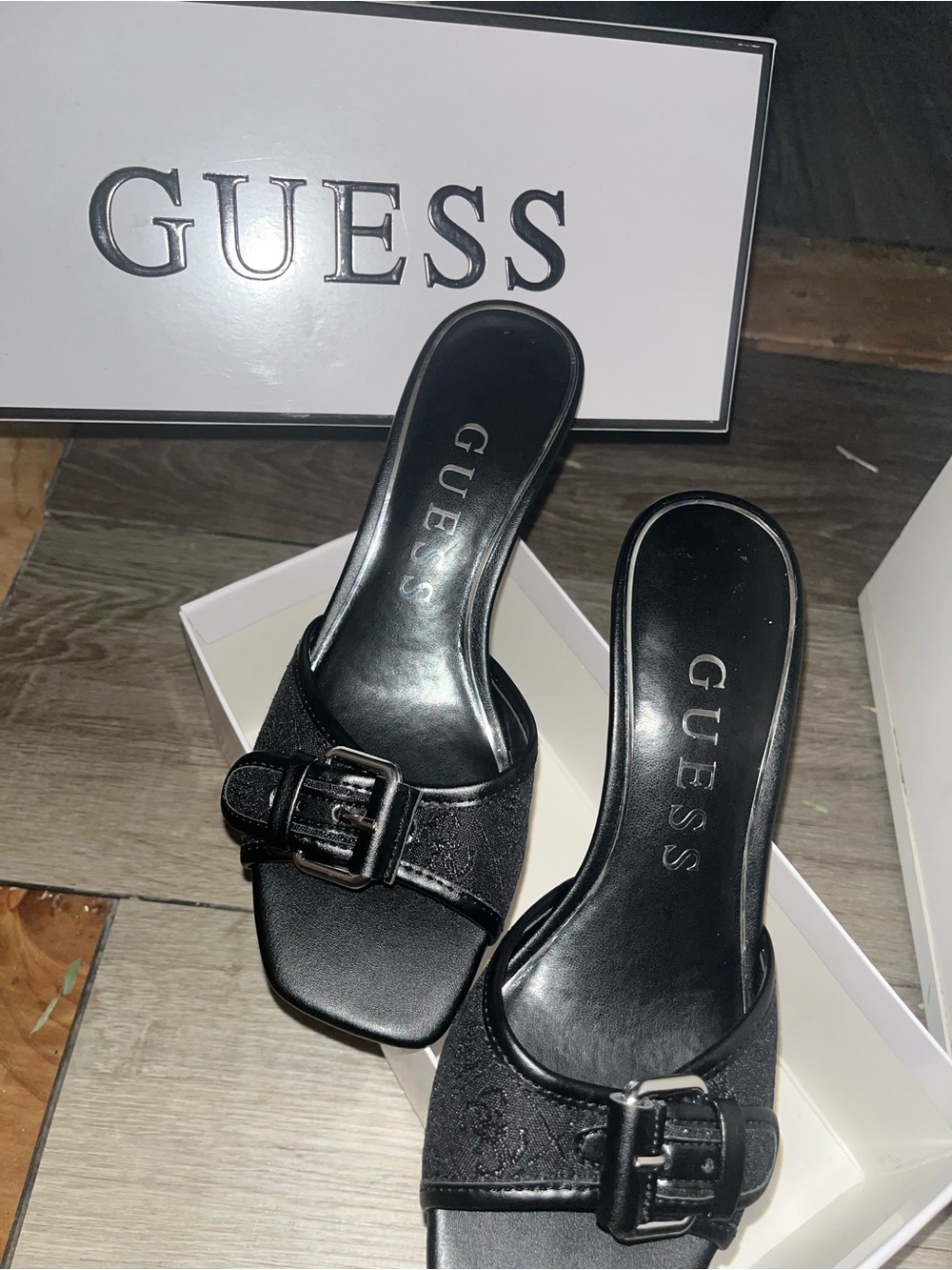 GUESS Black Buckle Slide Heels